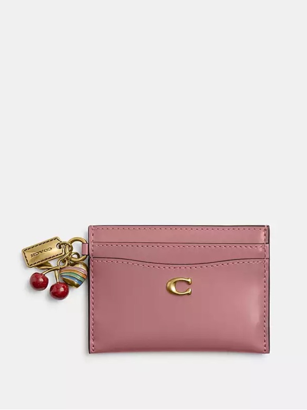 NEW Coach Peony Pink Brass Leather Essential Card Case With Charms